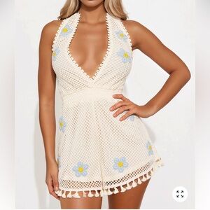 Elegant Cream Crochet Halter Romper